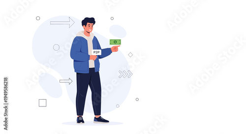 Man holding P2P money sign and currency, financial concept illustration