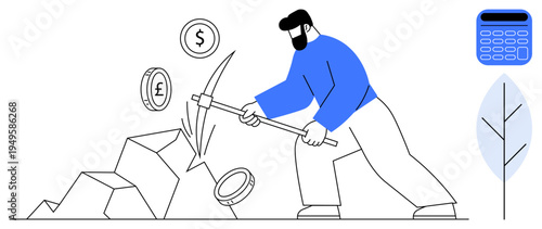 Financial growth, economic success, investment, wealth creation, digital currency, market trends. A man uses a pickaxe to mine currency symbols from rocks. Financial growth and economic success