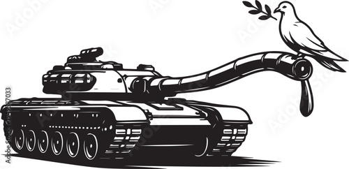 Peace dove with olive branch on tank cannon dripping oil, black and white vector illustration