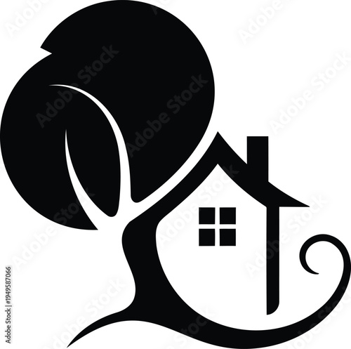 Black and white illustration of house with tree  eco friendly home concept
