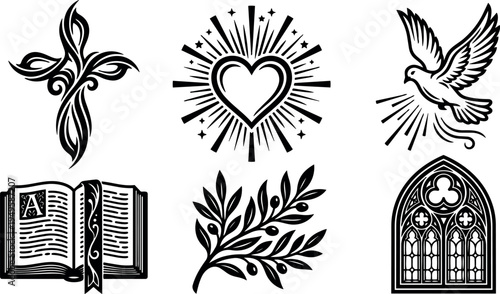 Religious vector art collection featuring tribal style cross radiant heart flying dove open bible olive branch and stained glass window illustration