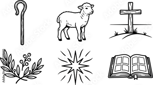 Hand drawn vector art set of christian symbols lamb staff cross olive branch star and open bible line art
