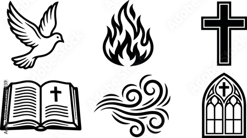 Black and white vector set of religious symbols including dove flame bible cross wind and church window icons in minimalist style