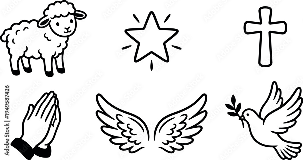 Obraz premium Simple black and white vector icons featuring lamb praying hands star cross dove peace wings illustrations
