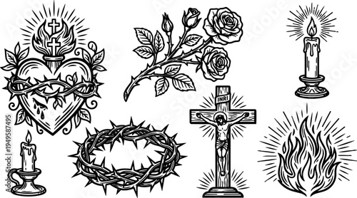 Black and white line art sacred heart with crown thorns roses crucifixion cross candles and radiant flames religious symbolism illustration