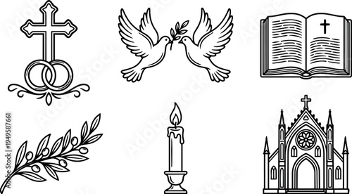Religious vector icons collection with wedding rings cross doves olive branch candle and gothic church building line art style