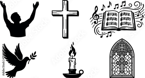 Silhouette praying man dove holding olive branch wooden cross stained glass window musical notes and candle vector art religious symbols collection