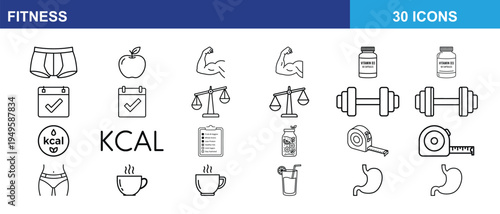 A collection of black and white outline icons related to fitness, health, nutrition and wellness Vector icon