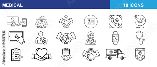 A collection of medical and healthcare icons featuring handshakes and digital health symbols line Vector icon