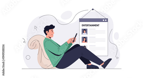 Man using smartphone, browsing entertainment news on screen with profiles