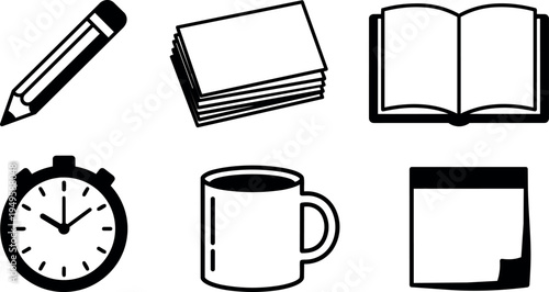 Black and white minimalist vector icons showing pencil stack of paper open book stopwatch coffee cup and sticky note