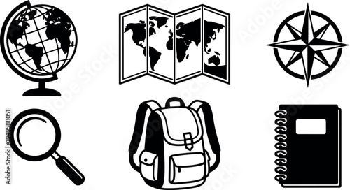 Black and white vector icons of globe world map compass magnifying glass backpack and spiral notebook design