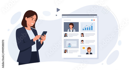 Woman using smartphone for online business profile and data analysis