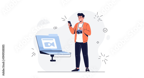 Man with camera and laptop, digital content creation, photography, videography, technology concept