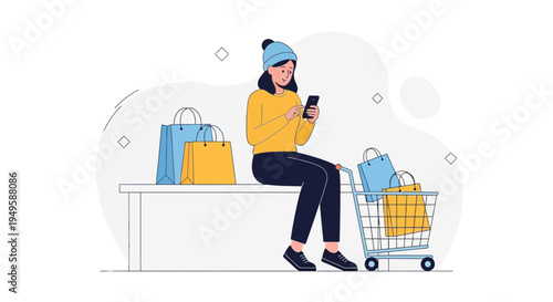 Woman with shopping bags and cart using smartphone, online shopping concept