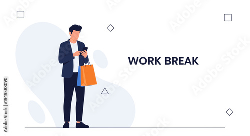 Man on Work Break Checking Phone with Shopping Bags