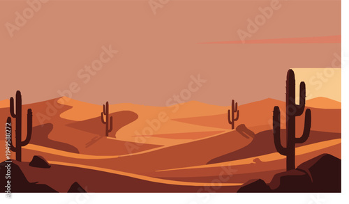 Desert Western Sunset Vector Background with Cactus and Sand Dunes