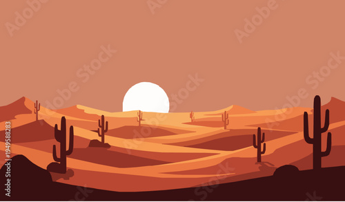 Western Desert Sunset Landscape Vector Illustration with Mountains and Cactus