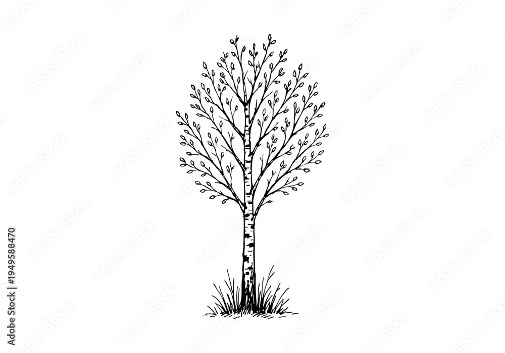 Obraz premium Birch Tree Hand Drawn Illustration Vector by AZ for Books, Arts, Design and Decoration Graphic Asset