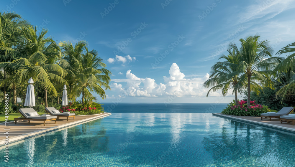 Fototapeta premium Tropical infinity pool overlooking calm ocean with palm trees and lounge chairs