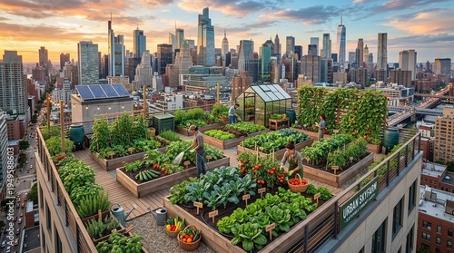 Expansive rooftop garden with raised beds and lush plants, tended by people, set against a vibrant city skyline at sunset, featuring a greenhouse and solar panels.