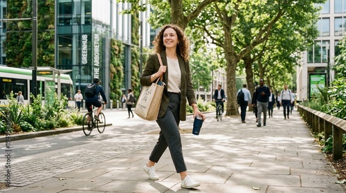 A smiling woman walks confidently down a tree-lined urban sidewalk, carrying a tote bag and reusable cup, with modern buildings and other pedestrians in the background.