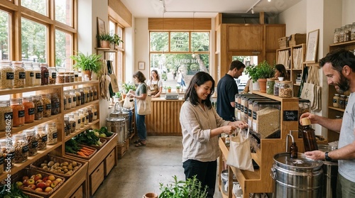 Customers shopping for bulk groceries and fresh produce in a bright, modern zero-waste store with wooden shelves and large windows.