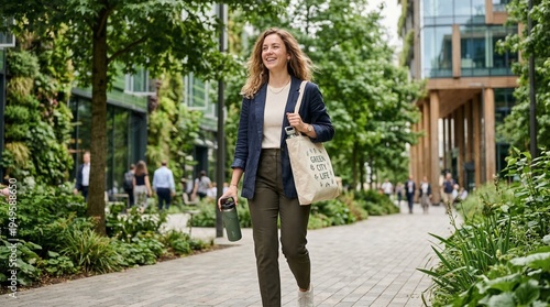 A smiling woman walks on a green urban path with a reusable bottle and tote bag, surrounded by modern buildings and lush foliage.