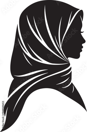 Elegant black silhouette vector of a woman wearing a hijab, side profile, for cultural and fashion designs