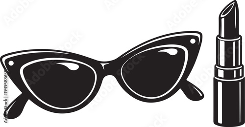 Retro Cat Eye Sunglasses and Lipstick Vector Icon Set for Fashion, Beauty, and Vintage Design