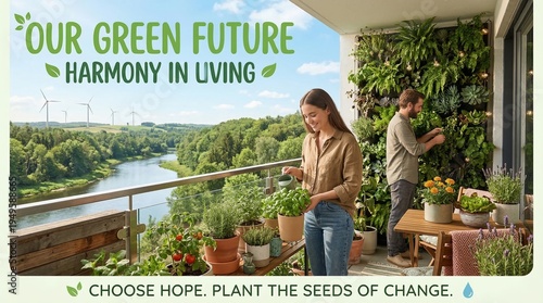 A couple tending to plants on a balcony with a vertical garden, overlooking a lush green landscape with a river and wind turbines, promoting a sustainable lifestyle.
