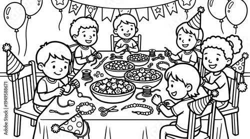 Children wearing party hats sitting around table making beaded bracelets in birthday celebration scene with balloons and festive decorations