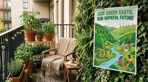 A cozy balcony adorned with numerous potted plants and a wooden chair, featuring a prominent environmental poster on a green wall.