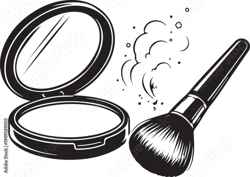 Monochrome vector illustration of an open compact powder with mirror and a fluffy makeup brush, beauty product