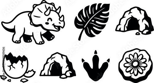 Black and white vector art of smiling triceratops dinosaur with cave and hatching egg prehistoric themed icons