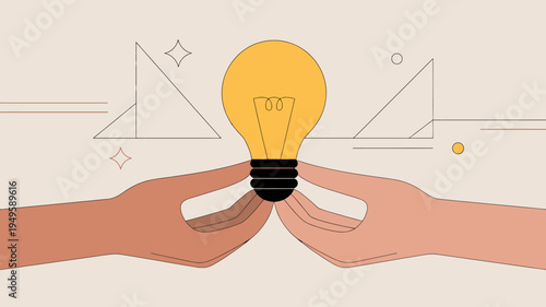 Canvastavla A vibrant illustration depicts two hands gently cradling a glowing lightbulb sym