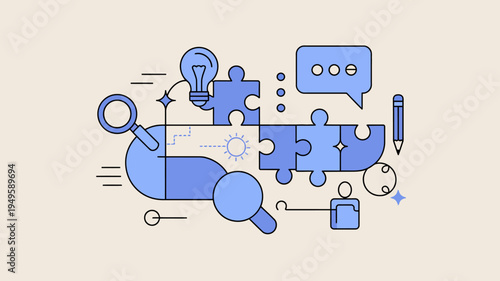Photos A flat design illustration depicts puzzle pieces a lightbulb magnifying glass sp