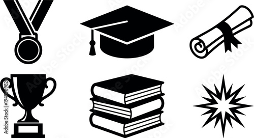 Black silhouette icons of medal trophy graduation cap diploma stack of books and starburst design isolated vector illustration