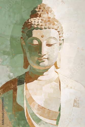 Watercolor Buddha portrait with soft green and beige tones on textured background
