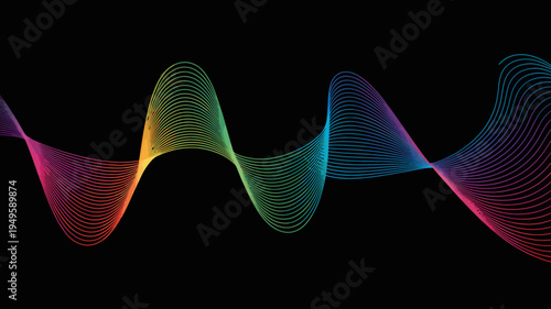 A vibrant abstract composition features flowing colorful lines resembling waves against a stark black background creating a dynamic visual effect high quality professional detailed modern elegant
