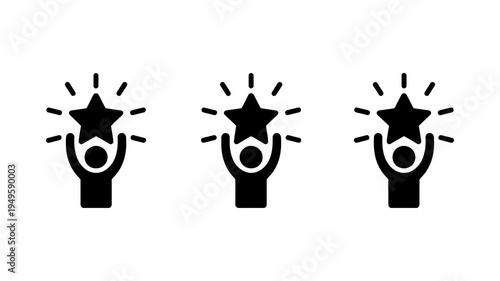 Three figures are depicted raising their arms in celebration each holding a shining star above their outstretched hands high quality professional detailed modern elegant stylish clean