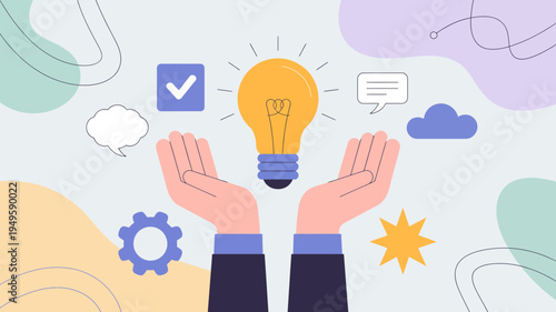 An illustration depicts open hands cradling a glowing lightbulb symbolizing innovation and the nurturing of new ideas with supporting graphics high quality professional detailed modern elegant