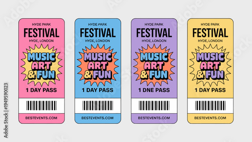 Four colorful festival tickets for hyde park london each with a unique background color and a one day pass barcode high quality professional detailed modern elegant