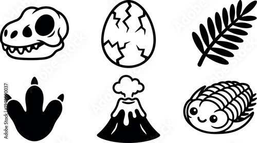 Black and white flat design set of prehistoric vector icons dinosaur skull cracked egg fern leaf dino footprint erupting volcano trilobite smiling