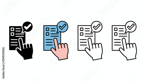 A hand checking a box on a list is depicted in four different color variations including black blue white and outline styles high quality professional detailed