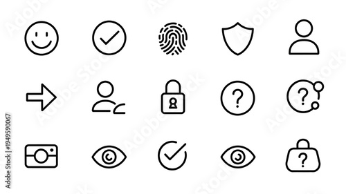 A collection of simple black and white line icons representing security identity and various system or user interface elements high quality professional detailed modern elegant stylish