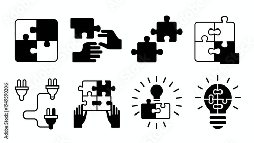 A collection of black and white icons depicts puzzle pieces connections ideas and problem solving concepts in a minimalist style high quality professional detailed modern elegant