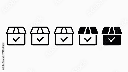 A series of five black line icons depicting storefronts with checkmarks inside illustrating a ranking or progress system high quality professional detailed modern elegant stylish clean
