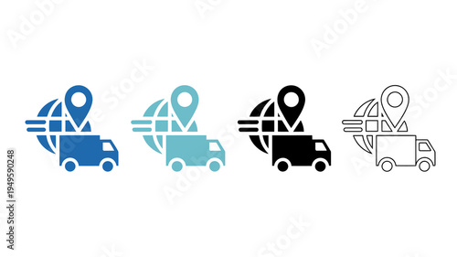 Four variations of a global logistics icon depicting a truck with a map marker presented in different color schemes high quality professional detailed modern elegant stylish