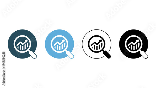 A set of four icon variations depicting a magnifying glass inspecting a bar graph showcasing analytical data review high quality professional detailed modern elegant stylish clean